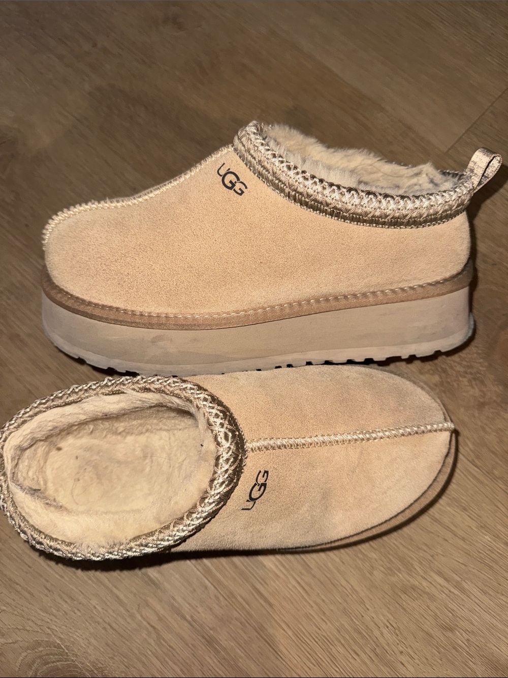 UGG Women's Sand Suede Shearling-Lined Platform Slip-Ons